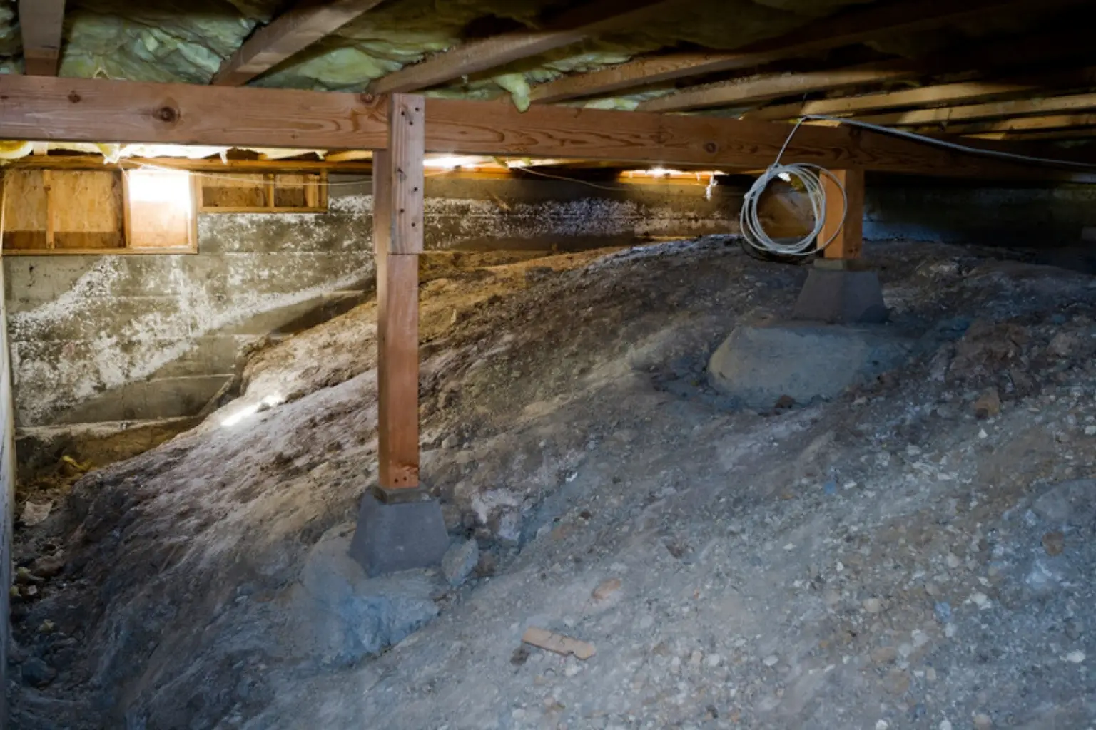 Krybekælder med jordbund, stolper og bjælker under gulvet i et hus