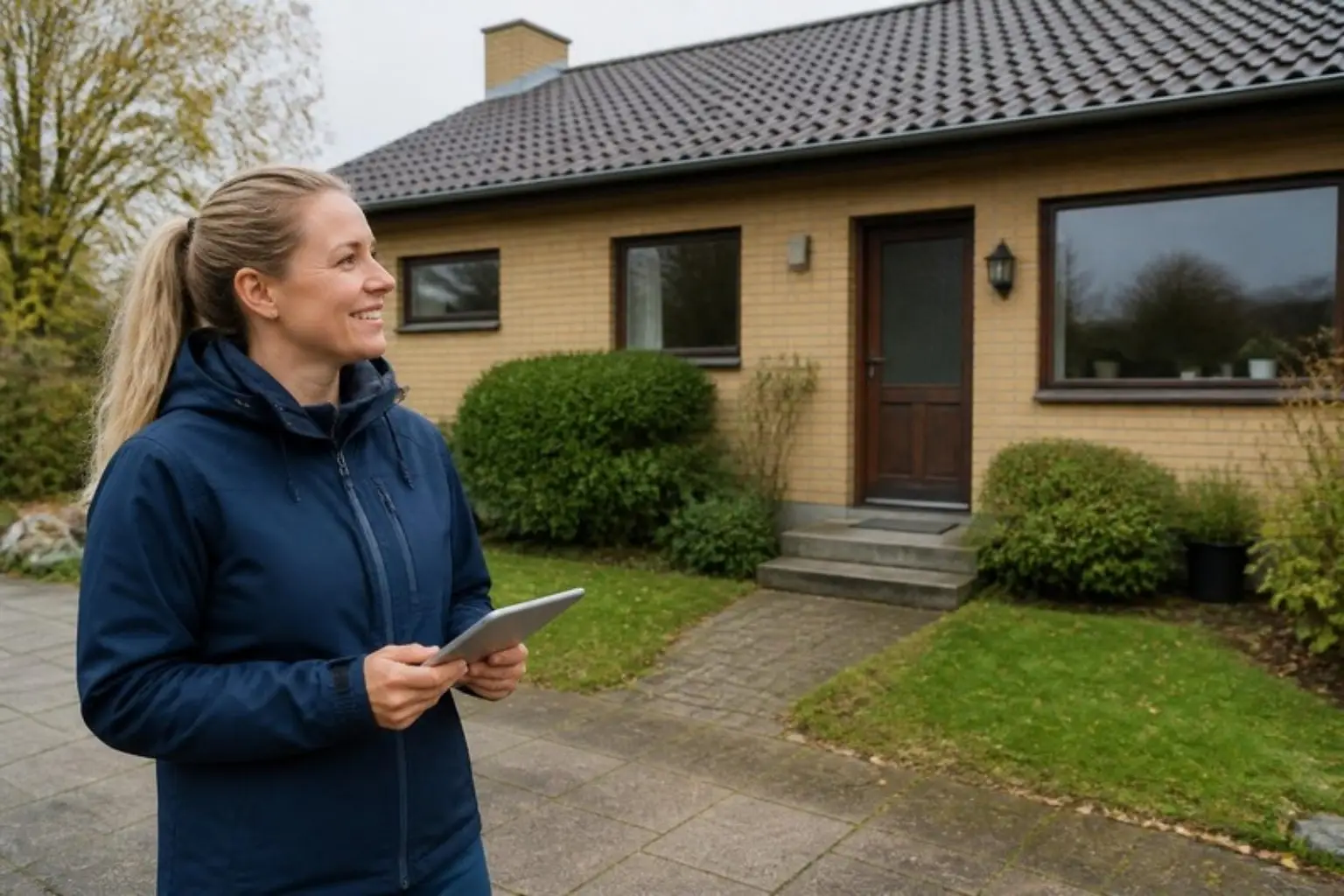 Smilende energikonsulent med tablet står foran et gult murstenshus med mørkt tegltag